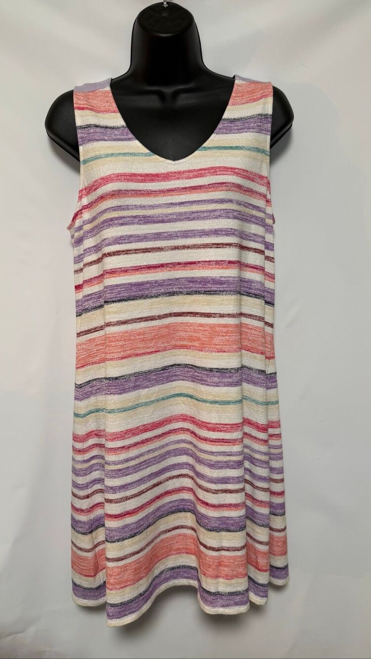 Market and Spruce sleeveless, V-neck shift dress horizontal stripes purple, pink